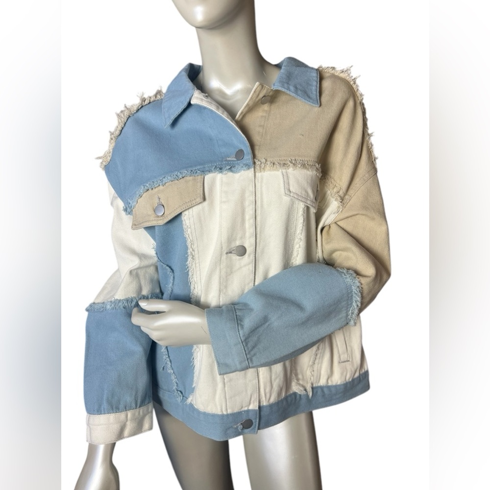 POL brand Blue Tan Cream Denim Distressed Long Sleeve Jacket New